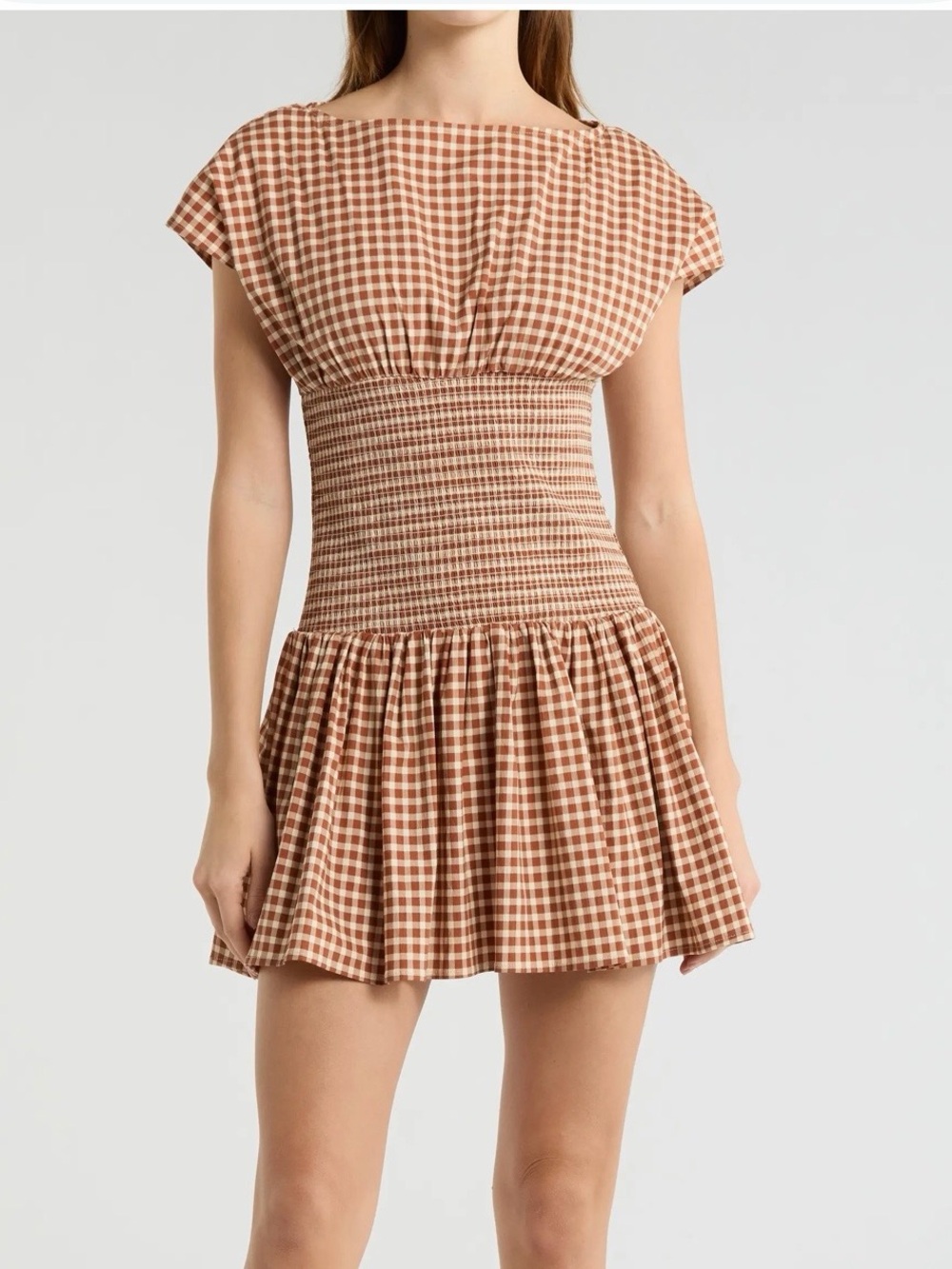 Anthropology Avec Les Filles Smocked Waist Gingham Mini Dress in Brown / Medium